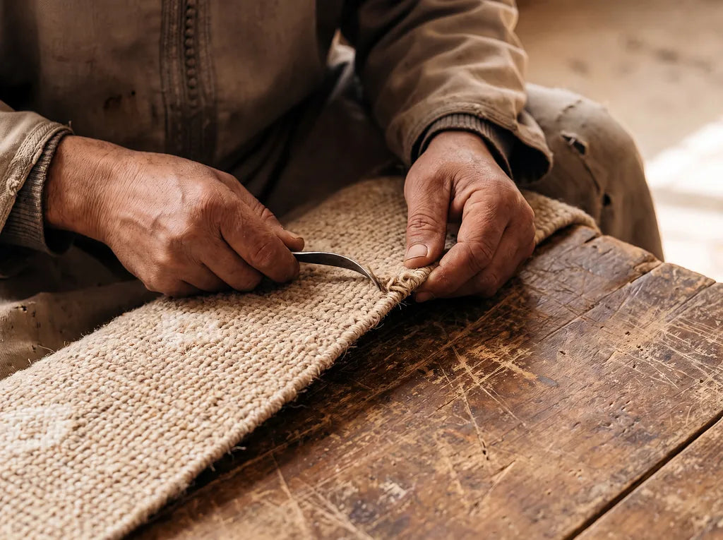 Artisan hand-finishing the edge of a natural woven rug