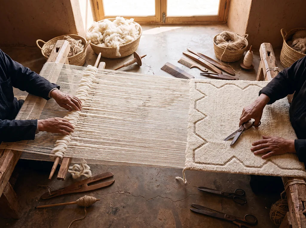 Artisans aligning and trimming a cream wool rug by hand