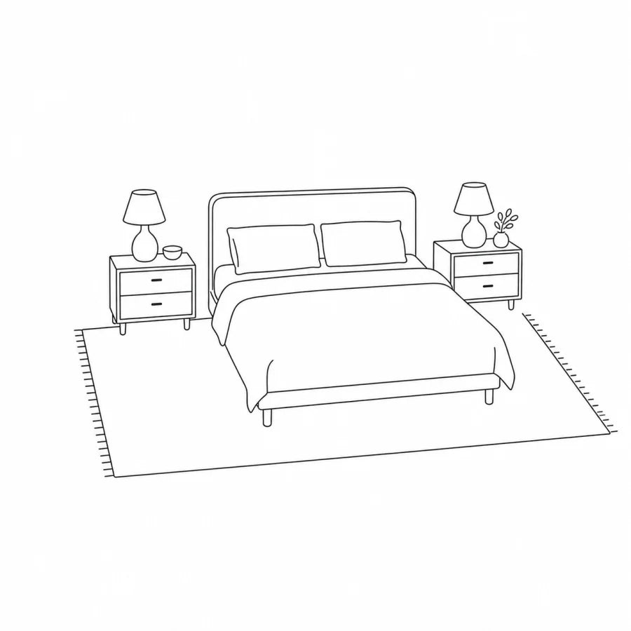 Bedroom rug extending beyond both sides and the foot of the bed