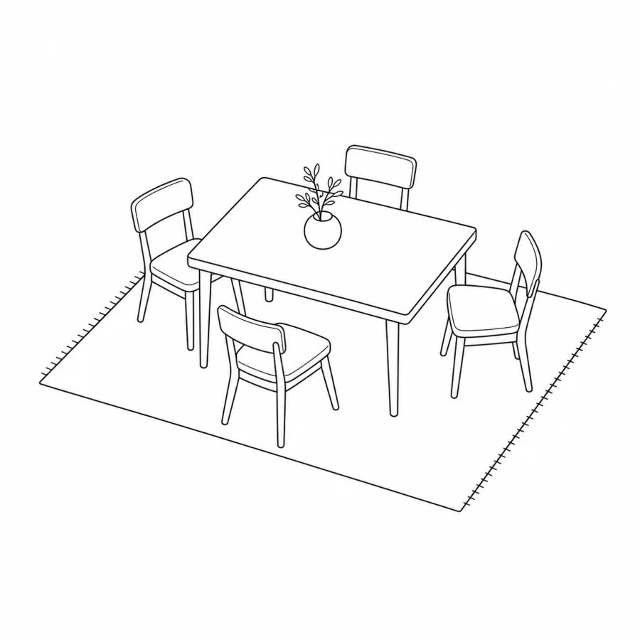 Dining table and chairs fully supported by a correctly scaled rug