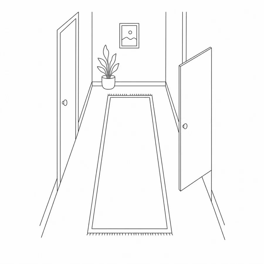 Hallway runner centered with visible floor border and clear door swing