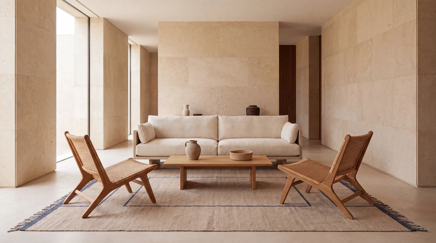 A quiet interior with a Moroccan rug anchoring the room