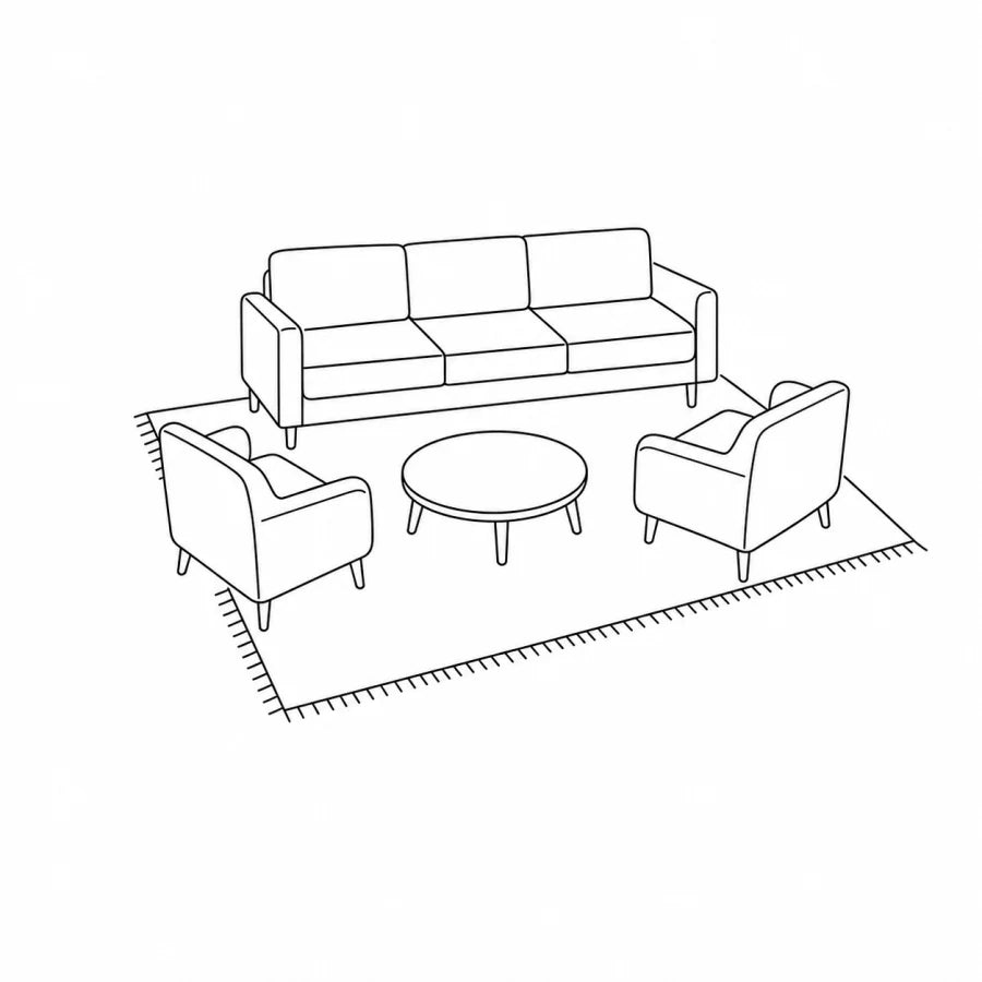 Living room rug placement with seating connected by one correctly scaled rug