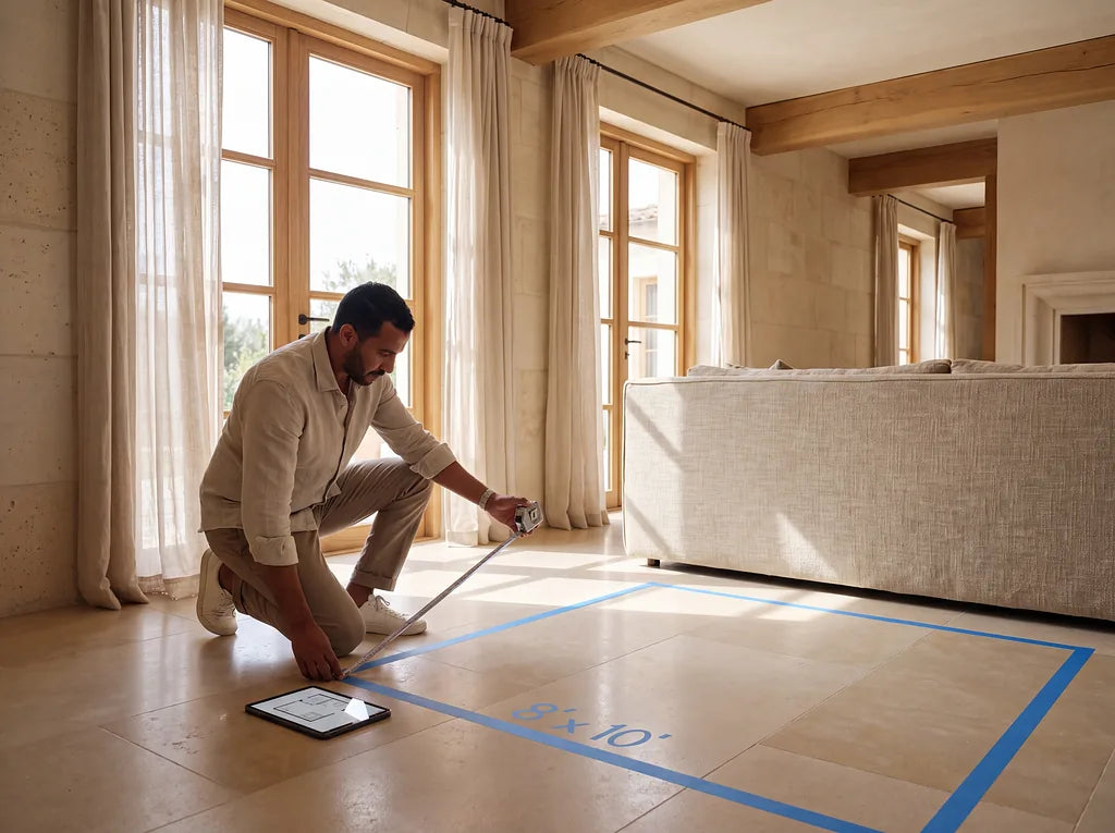 Homeowner measuring and marking a rug footprint before choosing a size