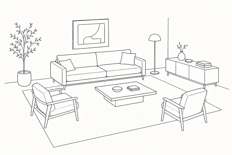 The same living room with a rug large enough to anchor the seating