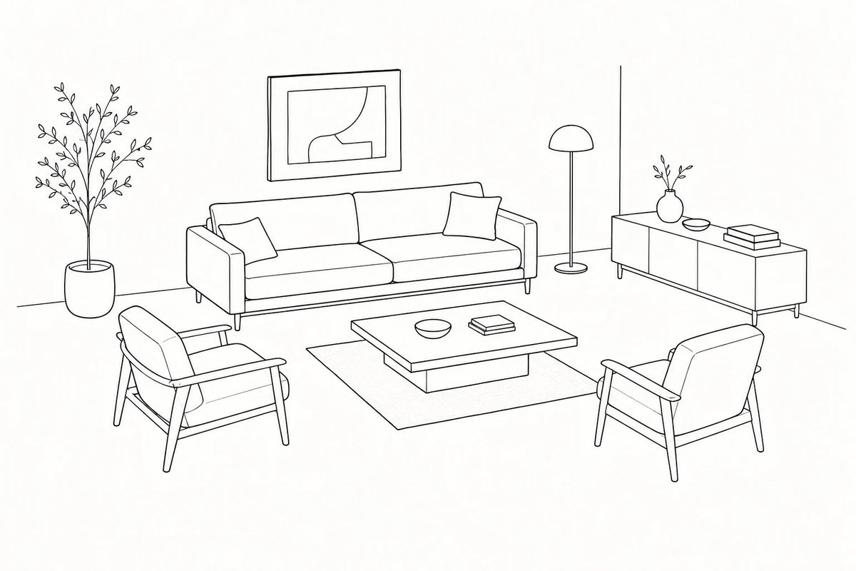 A living room with an undersized rug floating beneath the coffee table