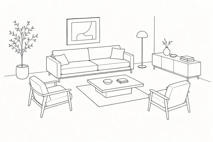 A living room with an undersized rug floating beneath the coffee table