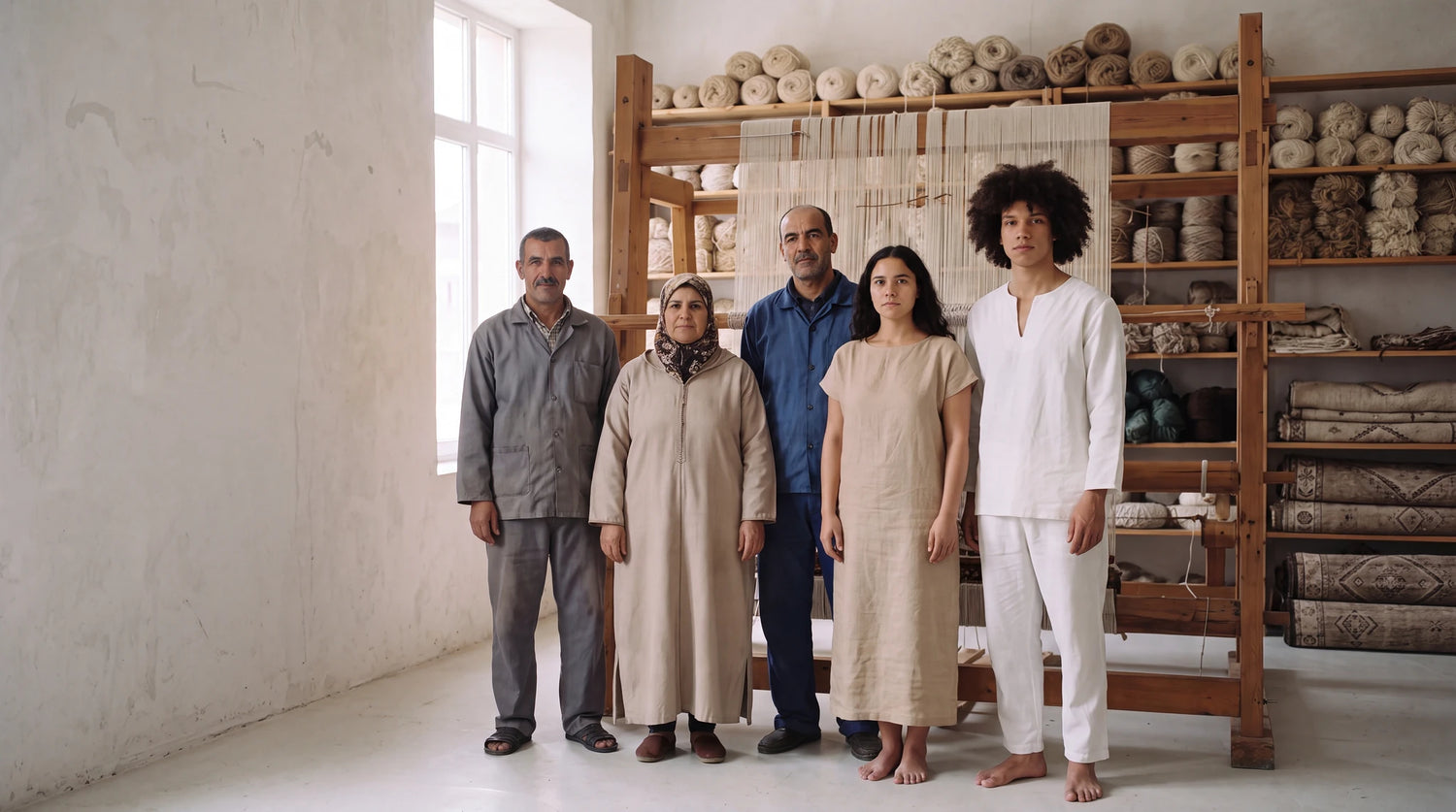 The Vorug artisan family standing together in their workshop