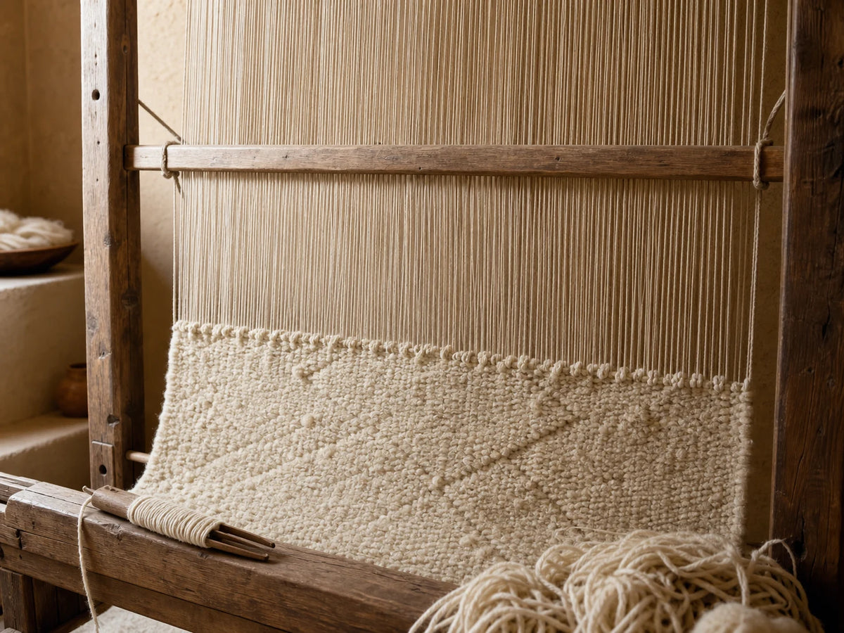 Close view of taut warp and an unfinished cream rug on a wooden loom