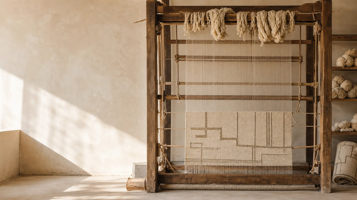 An unfinished cream rug on a traditional wooden loom in a sunlit workshop