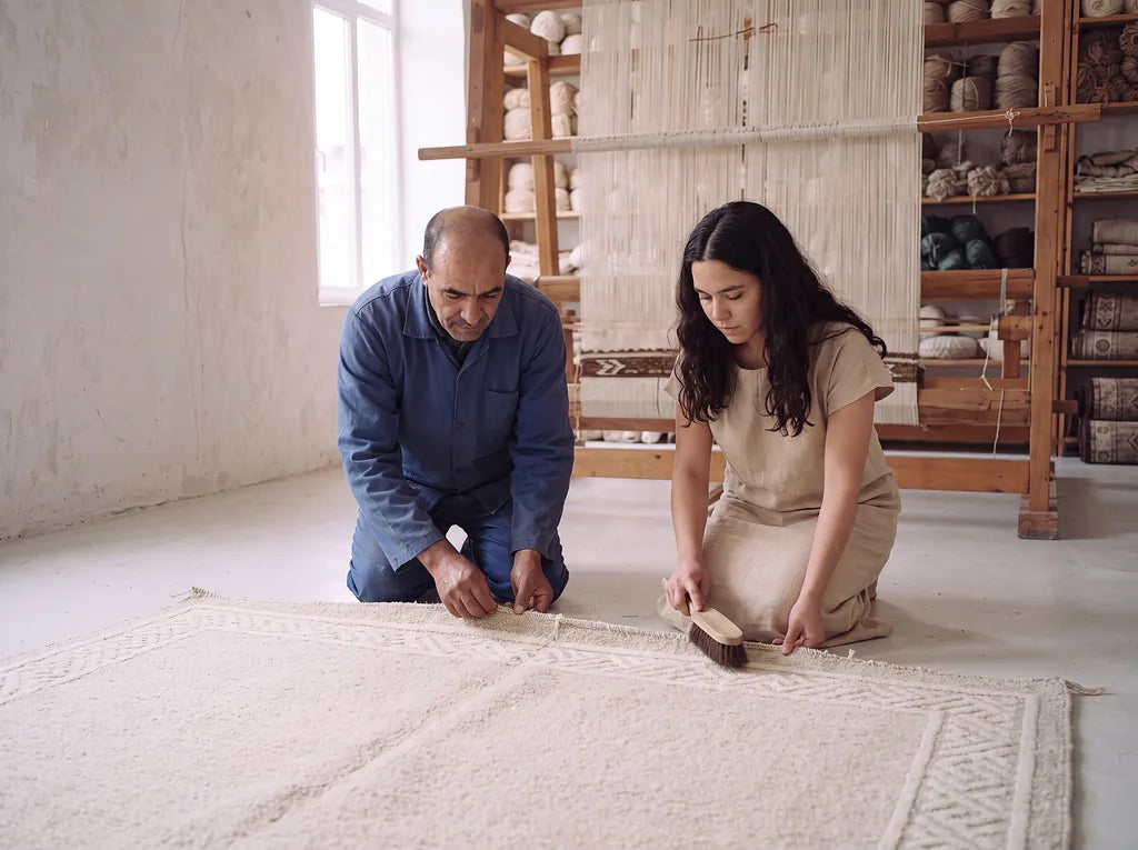 Two Vorug artisans finishing a cream rug together by hand