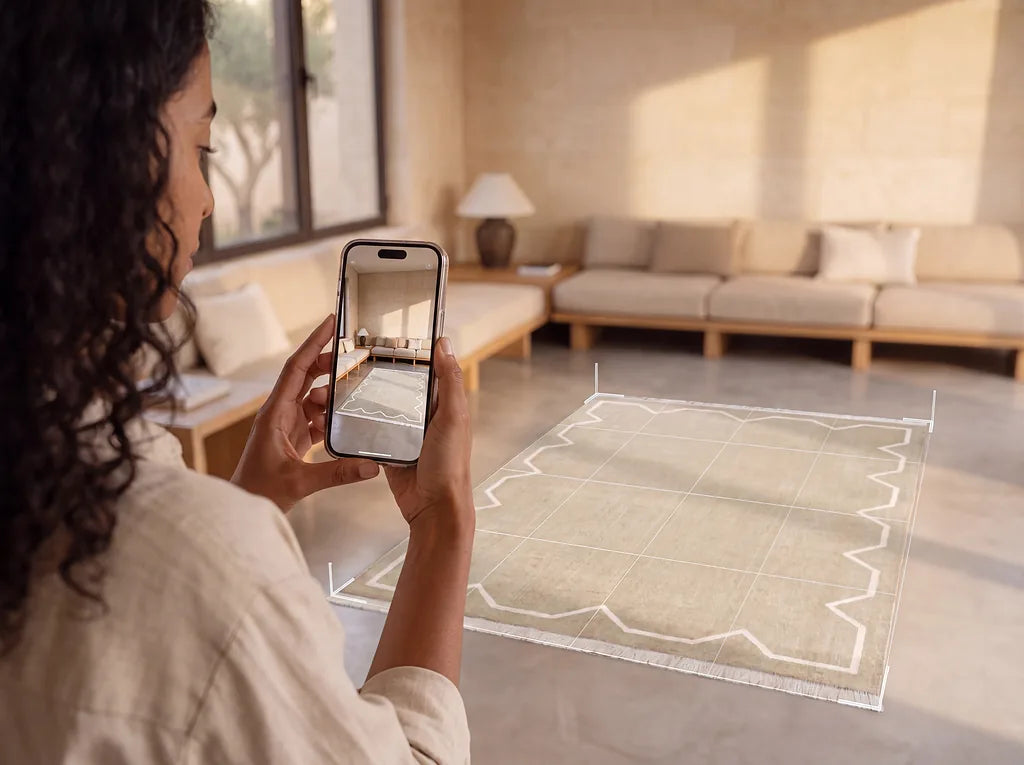 Close view of a Vorug rug placed in a room using augmented reality
