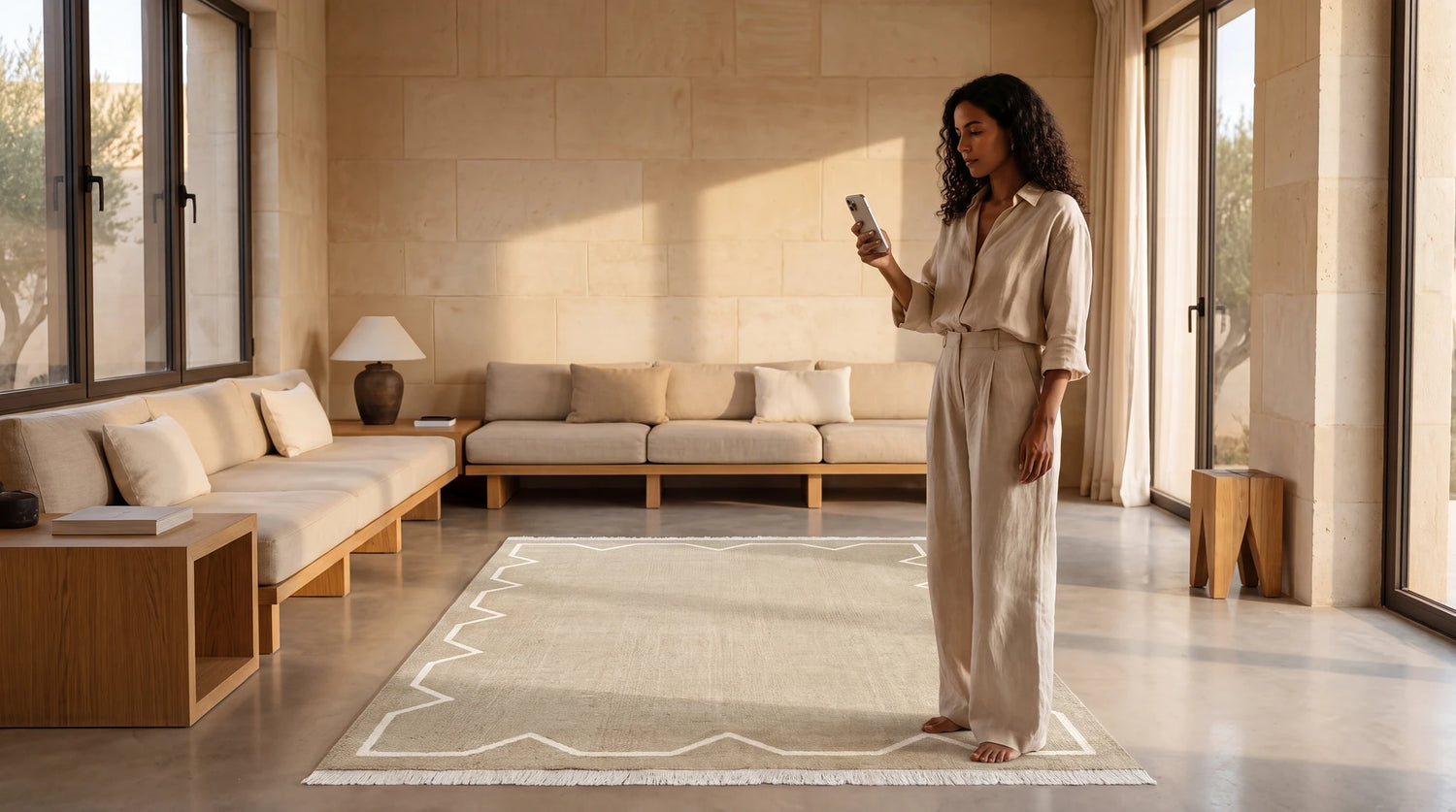 A woman viewing a Moroccan rug in augmented reality in her room