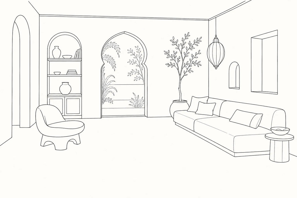 A contemporary living room before a rug is placed