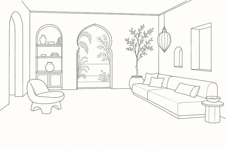 A contemporary living room before a rug is placed