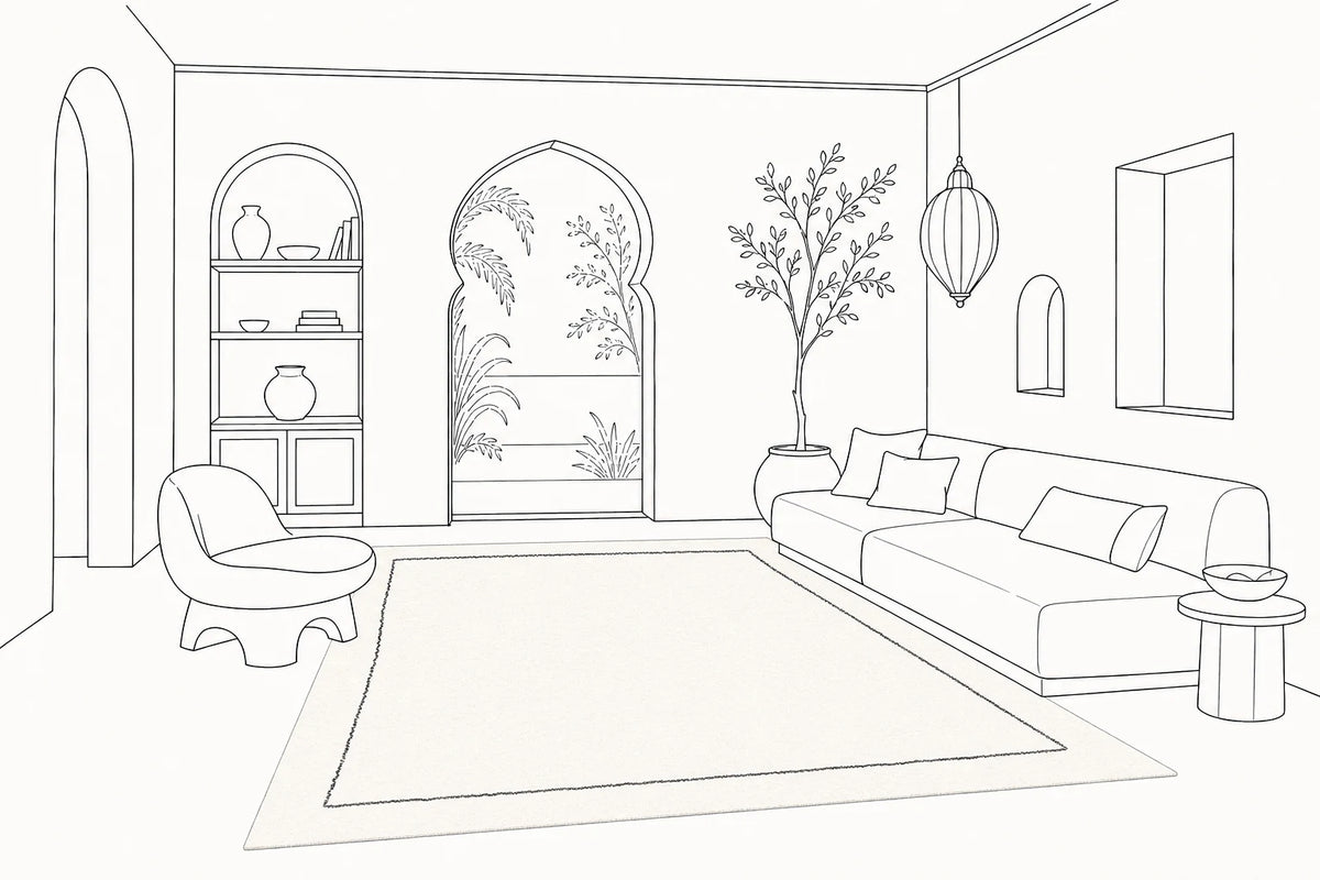The same living room anchored by a correctly placed Vorug rug