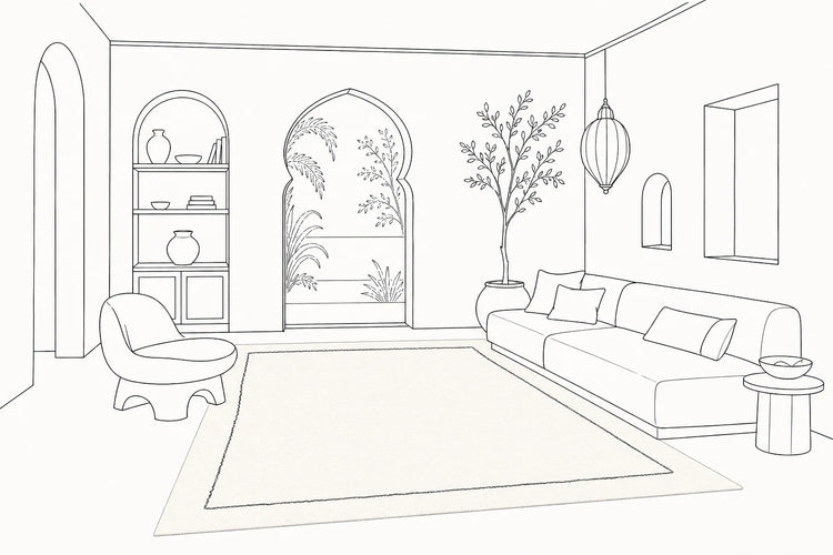 The same living room anchored by a correctly placed Vorug rug