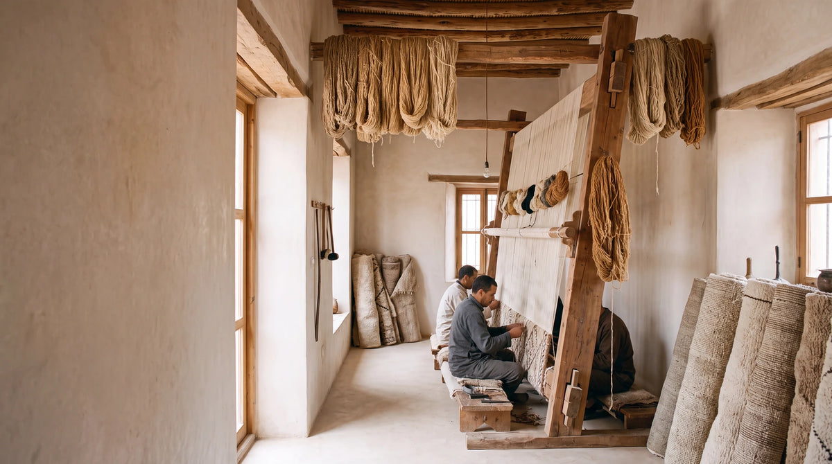 A Moroccan rug workshop with a craftsperson at a loom