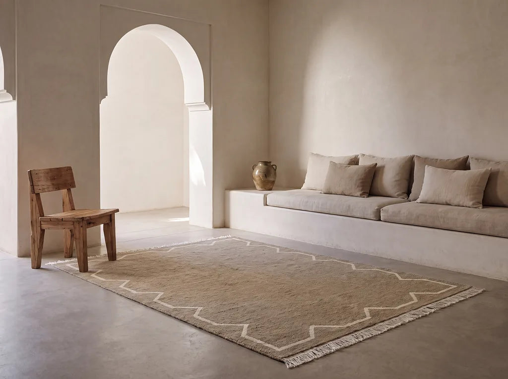 Cream Vorug rug in a restrained contemporary Moroccan home