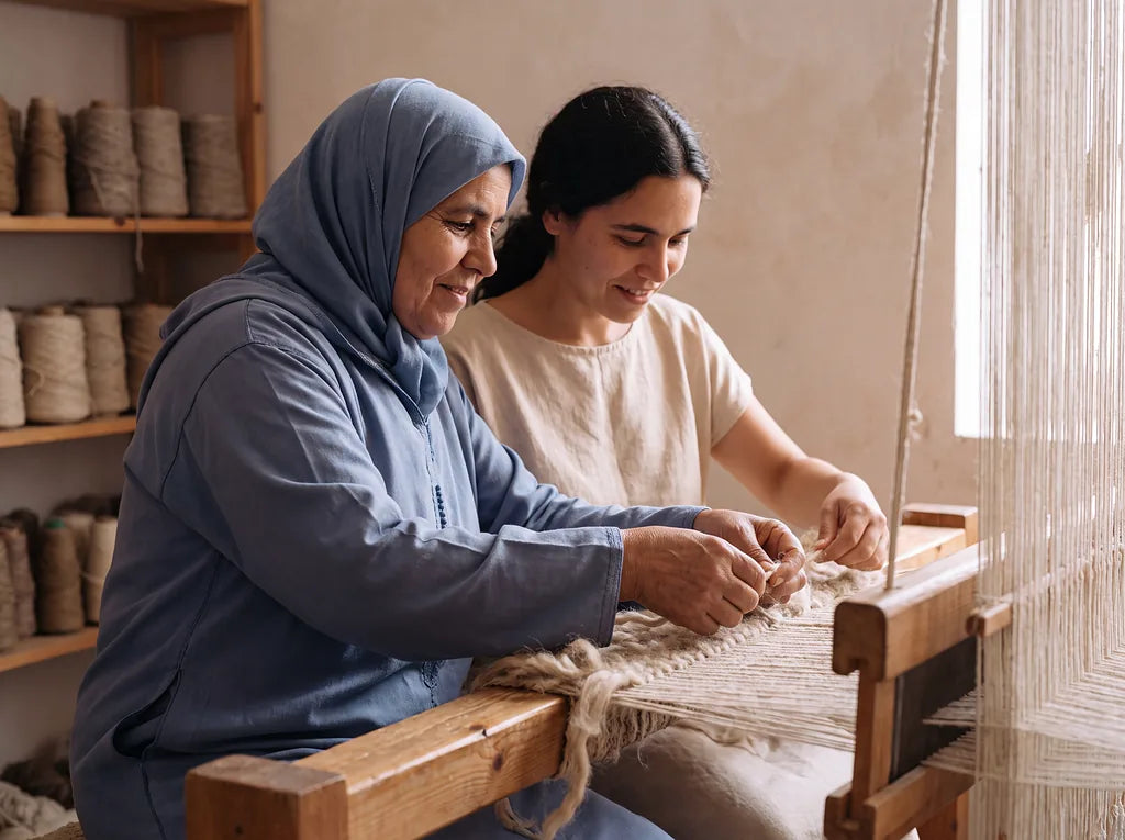 Two generations sharing Moroccan weaving knowledge at a loom