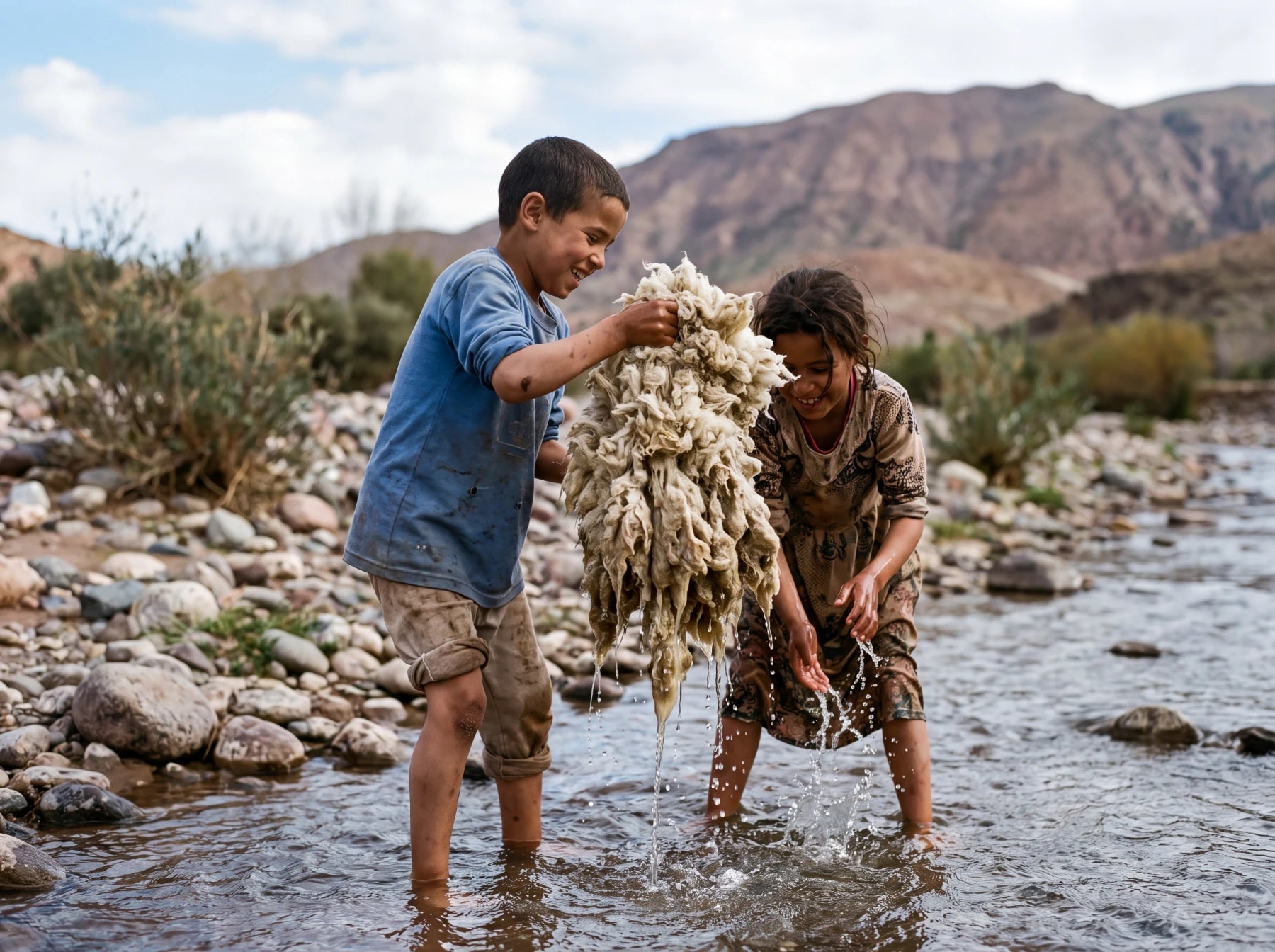 Two Moroccan children play with freshly washed wool beside a High Atlas river