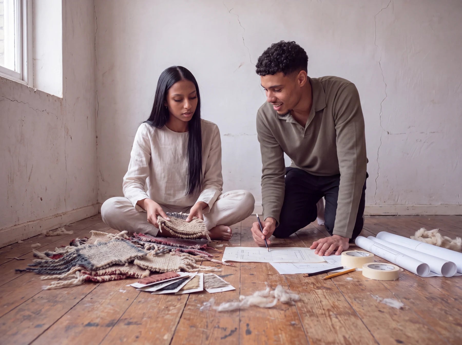 Vorug's sibling founders working among rug samples and measured plans on their Marrakesh atelier floor