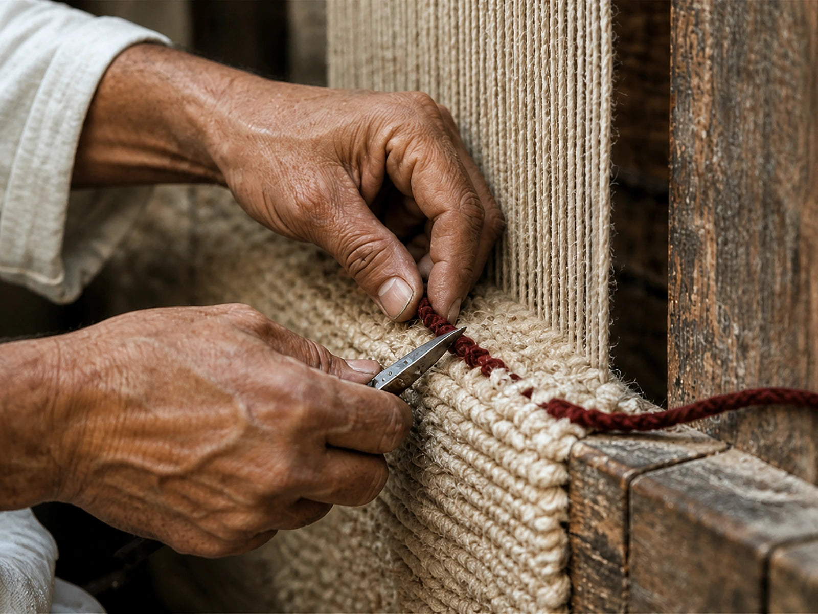 An artisan trims an ivory wool rug on a timber loom in Marrakesh