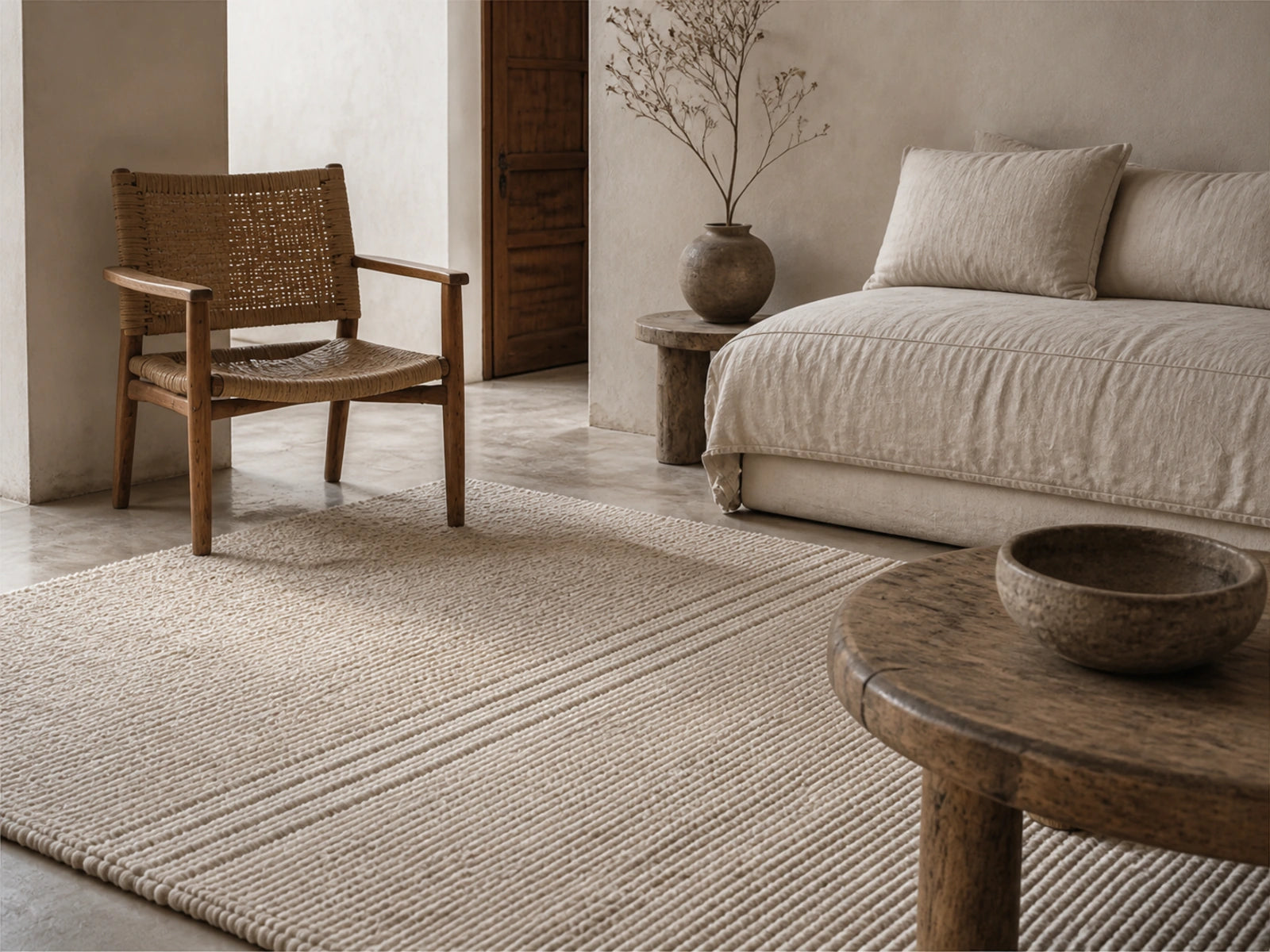 A made-to-order ivory wool rug fitted to a quiet contemporary room